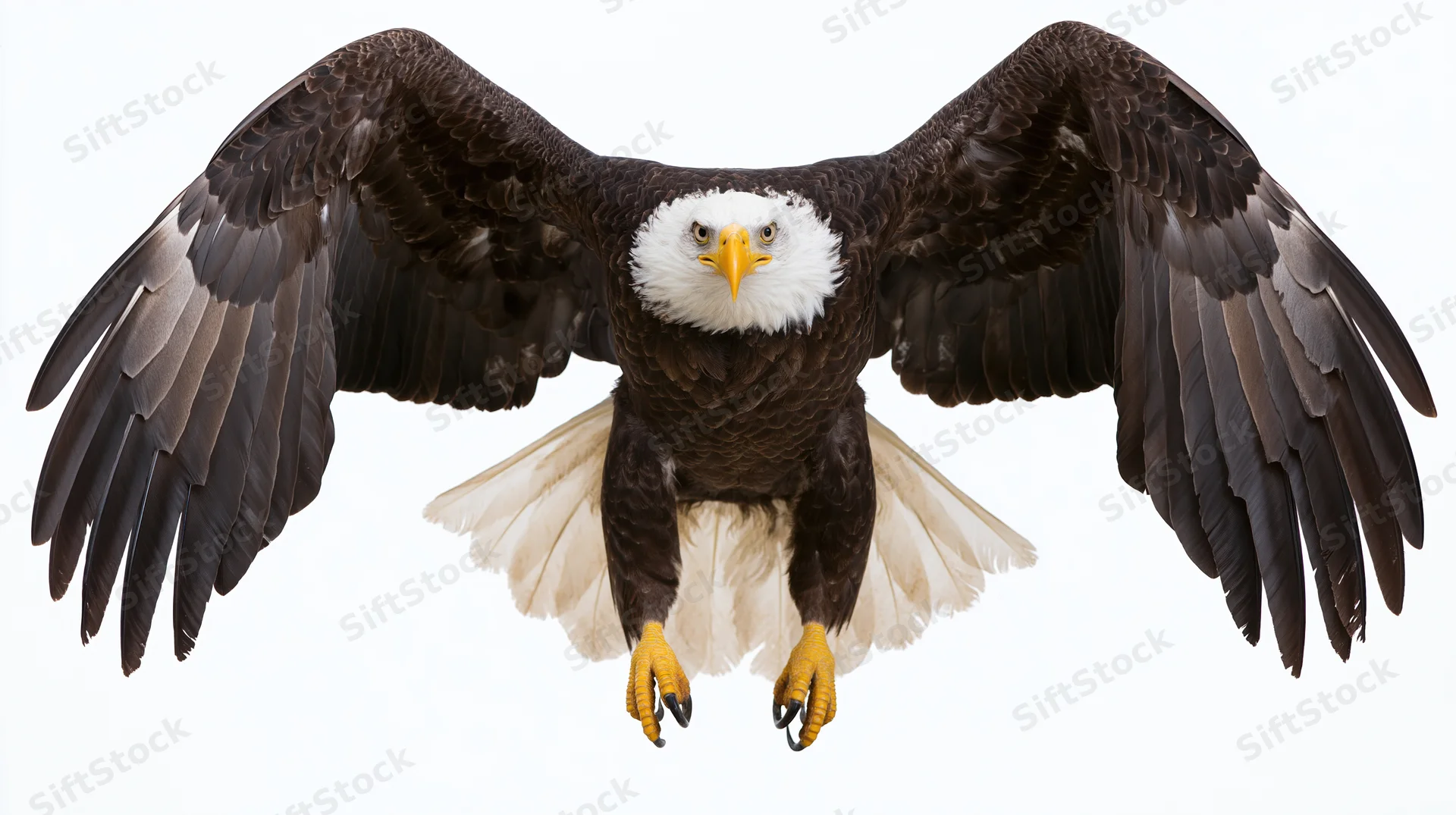 Bald eagle in mid-flight with wings fully spread and talons extended against white background