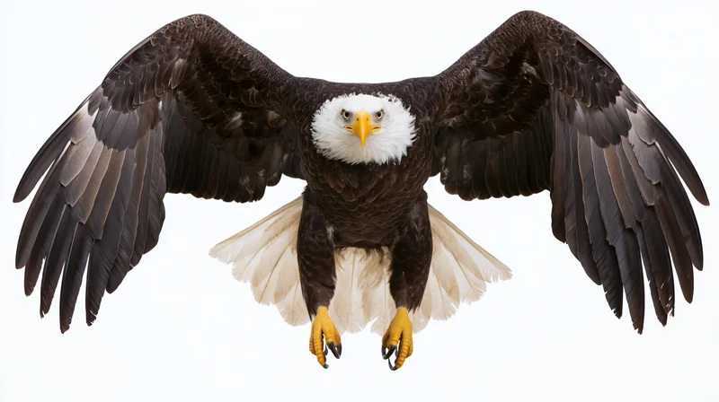 Bald eagle in mid-flight with wings fully spread and talons extended against white background