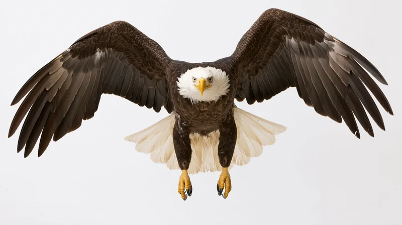 Bald eagle in mid-flight with wings fully spread and talons extended against white background