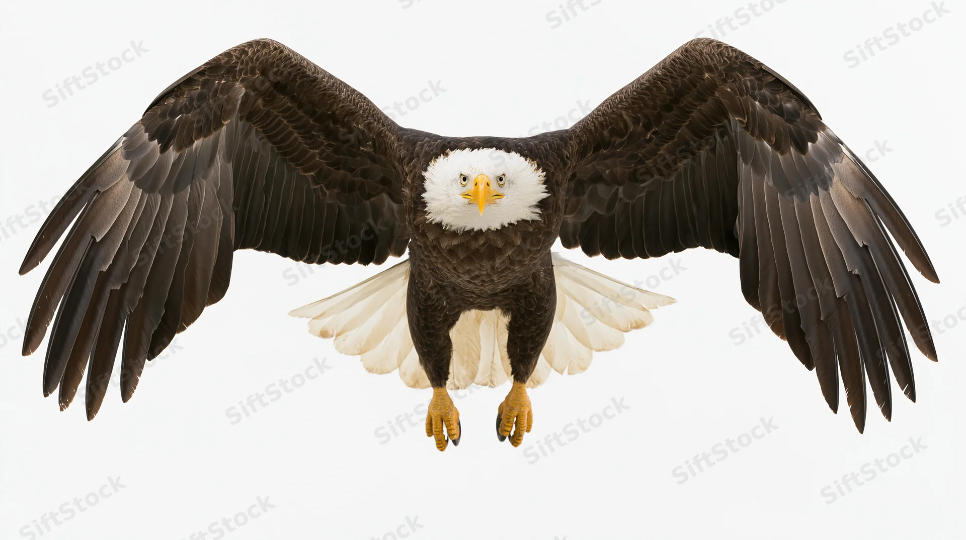 Bald eagle in mid-flight with wings fully spread and talons extended against white background