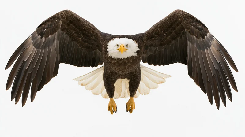 Bald eagle in mid-flight with wings fully spread and talons extended against white background