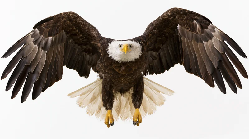 Bald eagle in mid-flight with wings fully spread and talons extended against white background