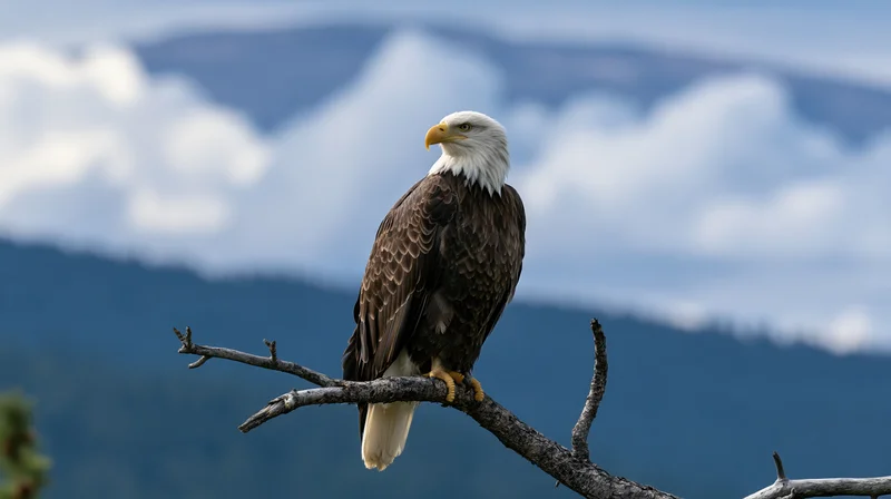 Bald eagle perched on a bare gnarled branch with mountains and clouds in the background