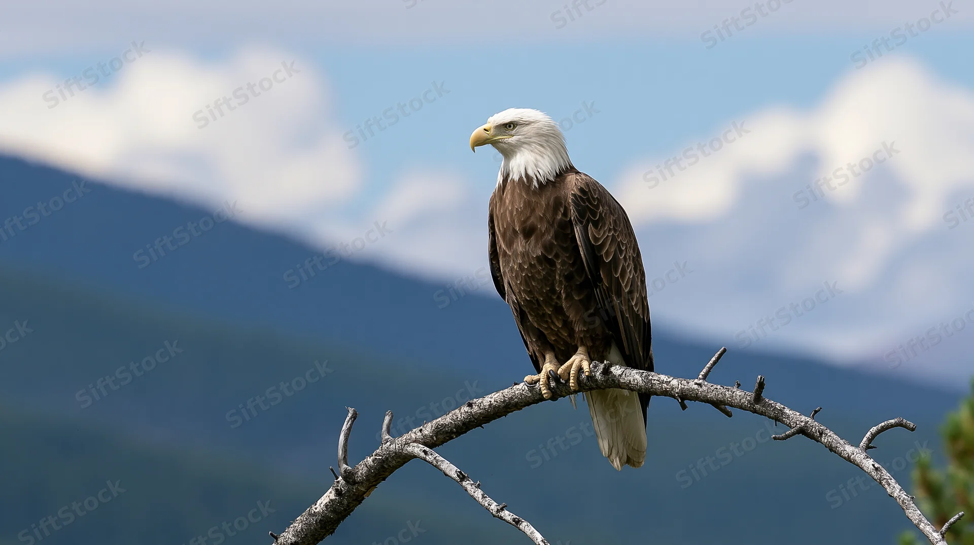 Bald eagle perched on a bare gnarled branch with mountains and sky in the background