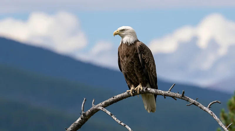 Bald eagle perched on a bare gnarled branch with mountains and sky in the background