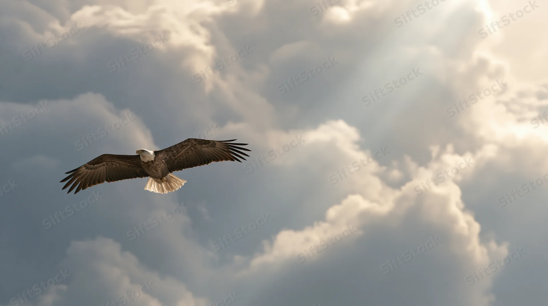 Bald eagle soaring with wings fully spread against a dramatic cloudy sky