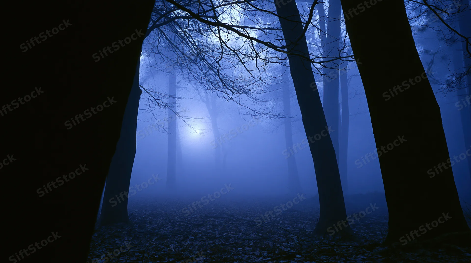 Bare deciduous trees in a foggy forest at night with moonlight filtering through the canopy