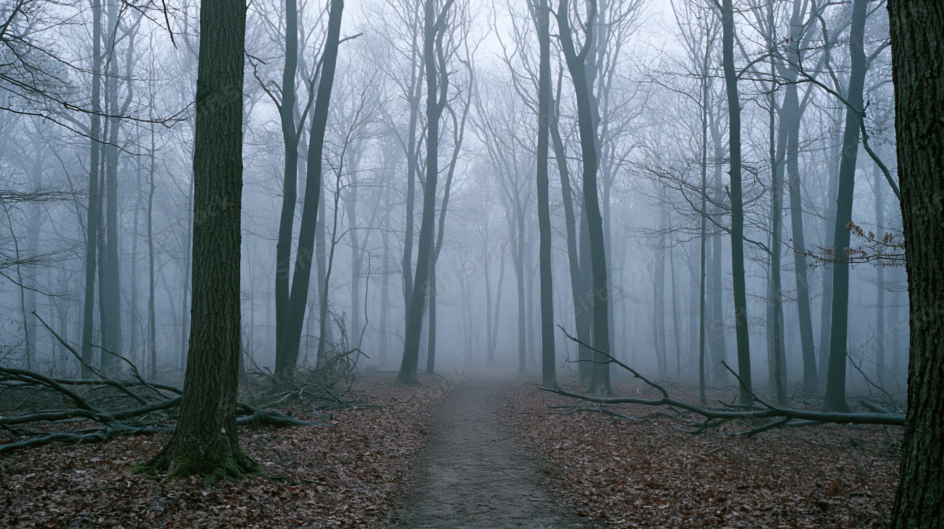 Narrow dirt path winding through a foggy bare deciduous forest in autumn morning