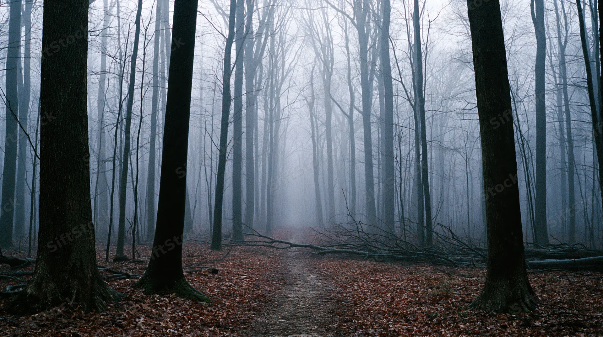 Misty forest path winding through bare deciduous trees in autumn morning fog