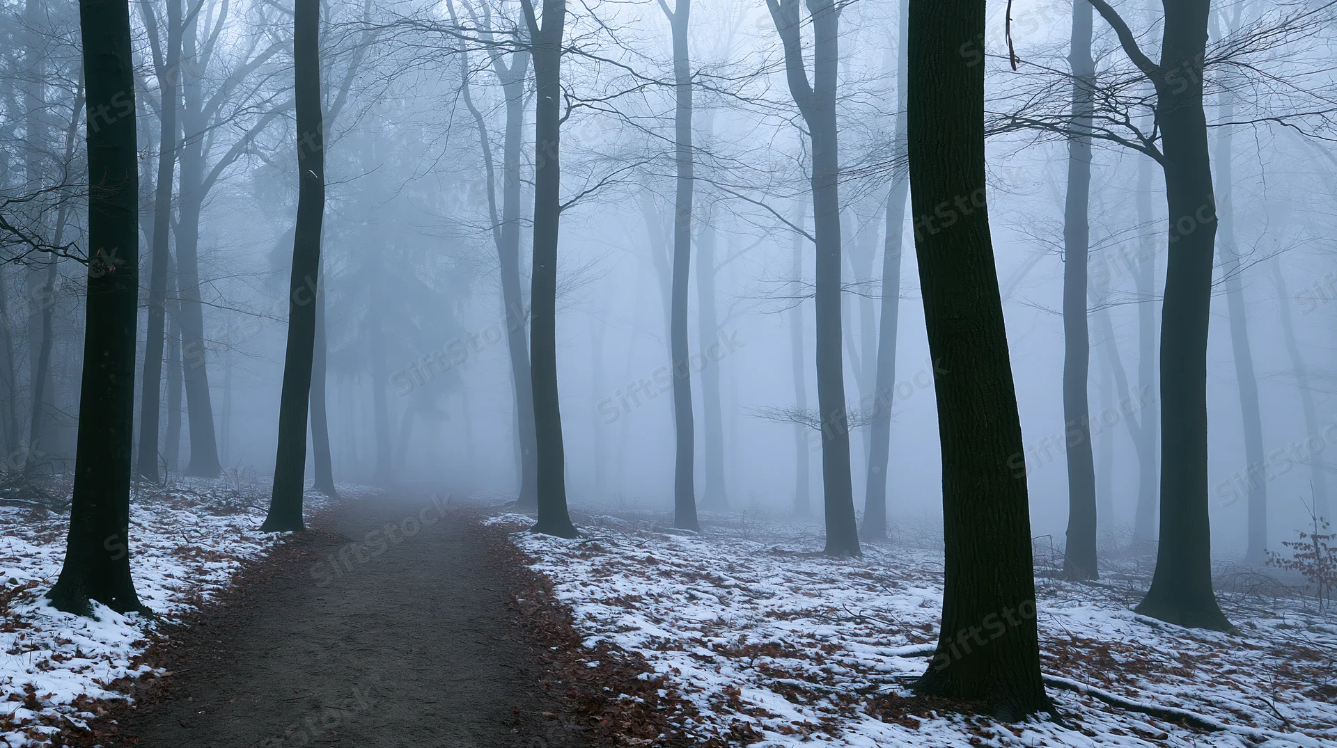 A narrow path winds through a foggy forest with bare deciduous trees and snow-dusted ground