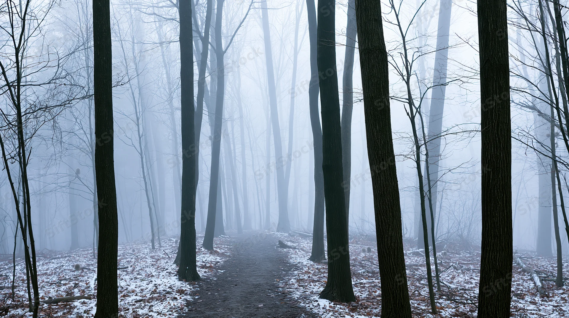 A narrow path winds through a foggy forest of bare deciduous trees with snow-dusted ground