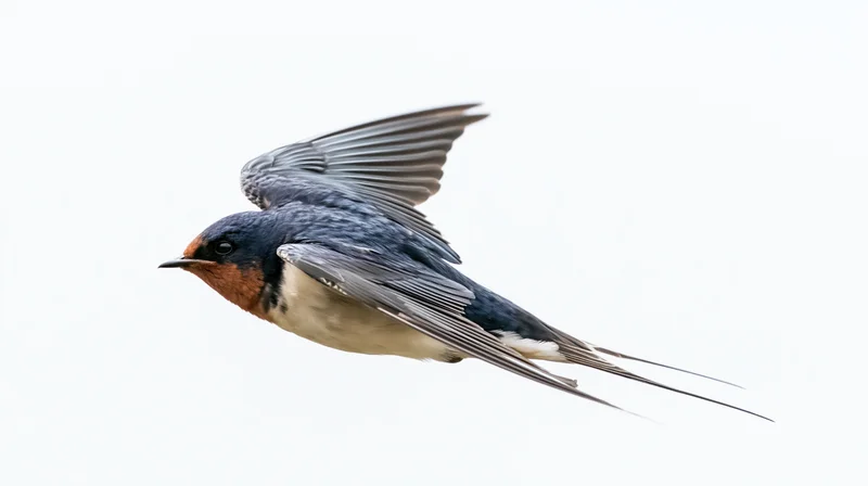 Barn swallow in mid-flight with wings fully spread against white background