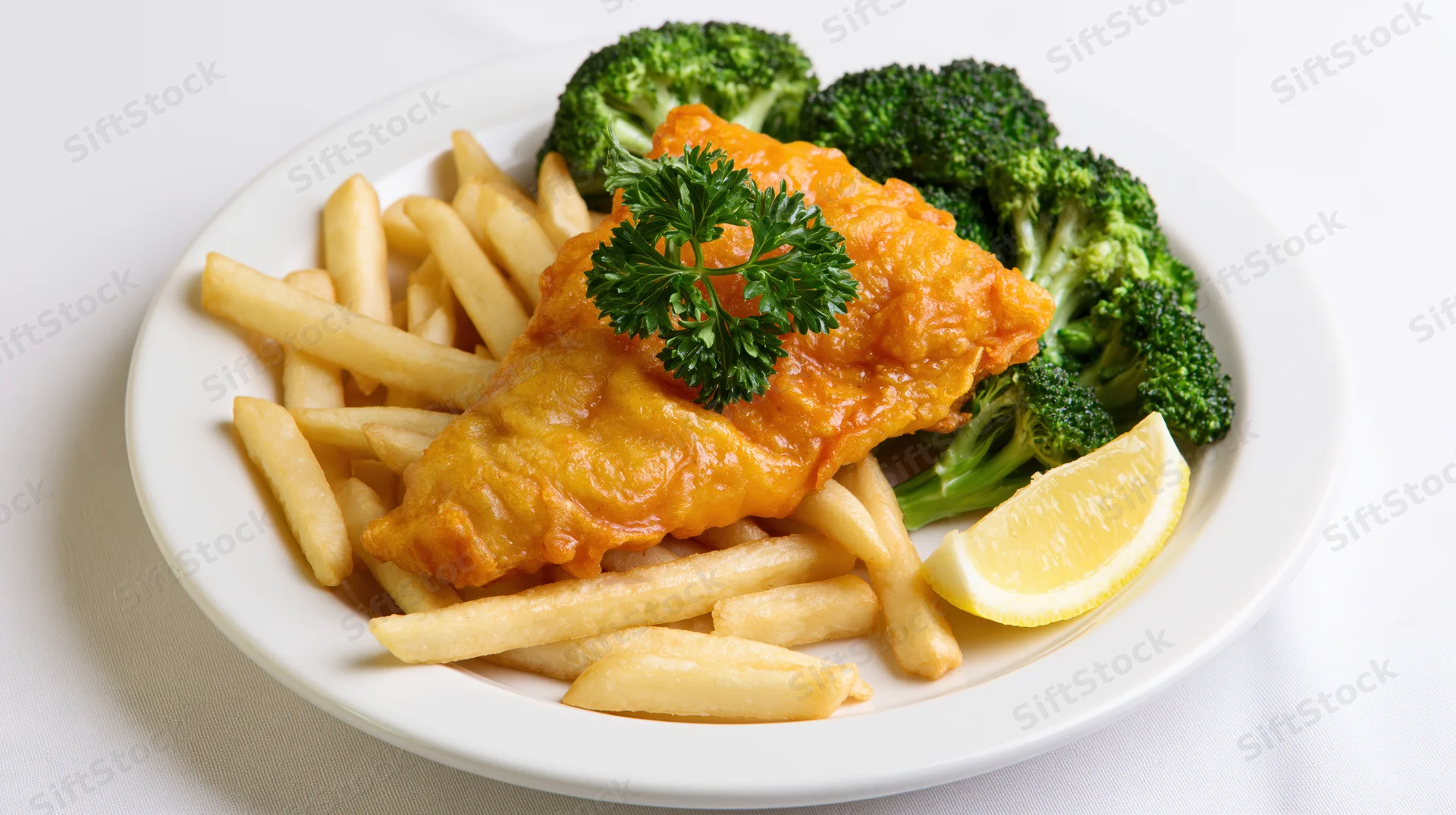 Battered fish fillet with french fries and steamed broccoli on a white plate