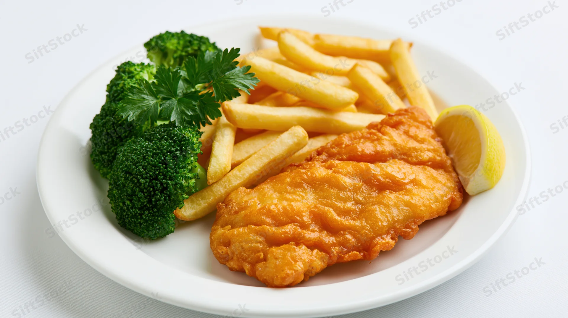 Battered fish fillet with golden french fries and steamed broccoli on a white plate