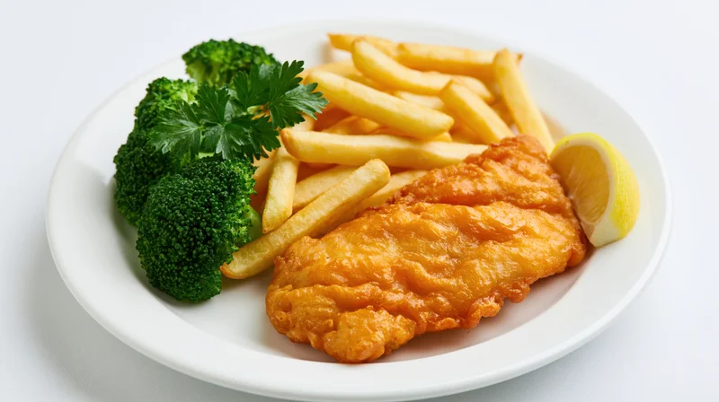 Battered fish fillet with golden french fries and steamed broccoli on a white plate