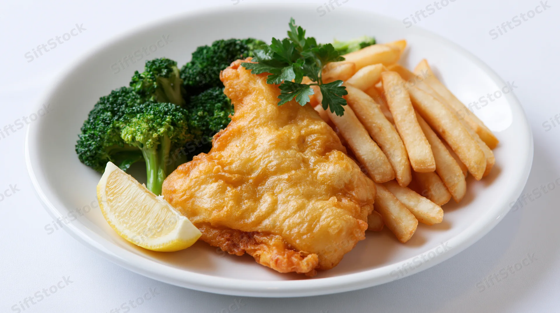 Battered fish fillet with golden french fries and steamed broccoli on a white plate