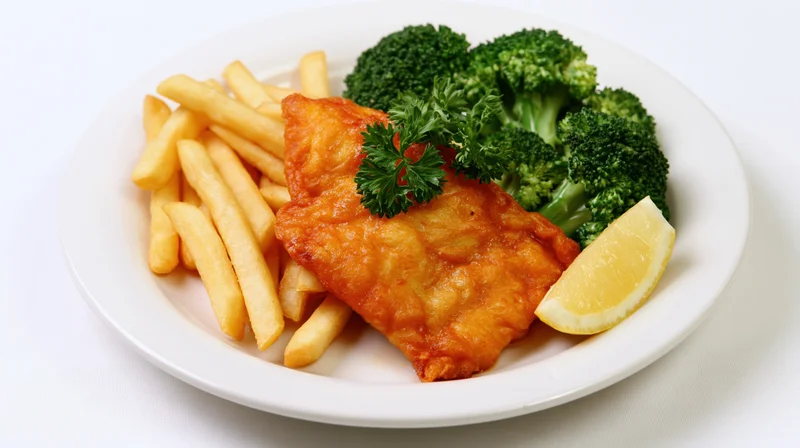Battered fish fillet with golden french fries and steamed broccoli on a white plate