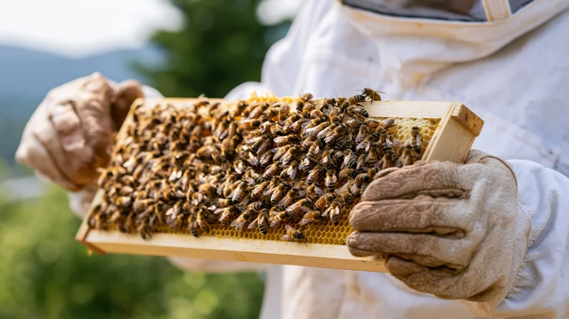 Beekeeper holding honeycomb frame covered in bees during outdoor inspection