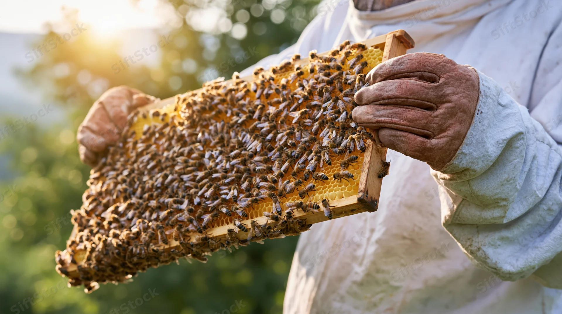 Beekeeper holding honeycomb frame covered in bees outdoors in sunlight