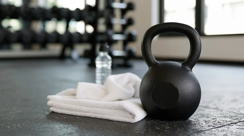 Black kettlebell resting on dark concrete gym floor beside folded white towel and water bottle
