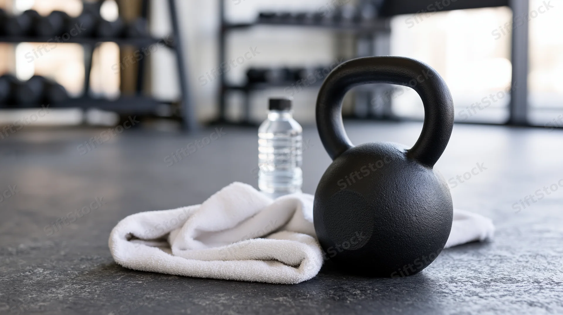 Black kettlebell resting on dark concrete gym floor beside white towel and water bottle