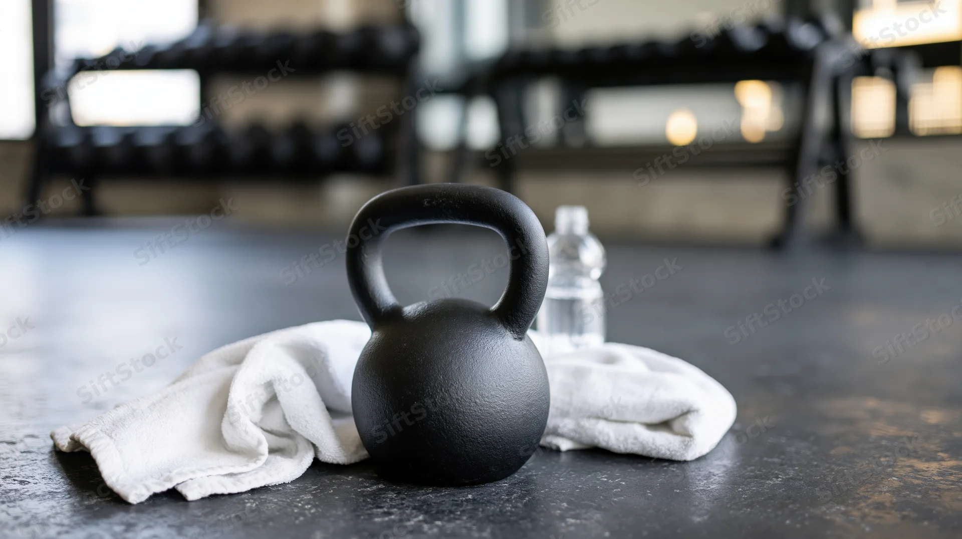 Black kettlebell resting on concrete gym floor beside white towel and water bottle
