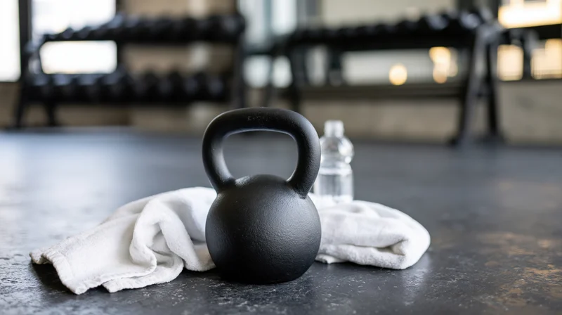 Black kettlebell resting on concrete gym floor beside white towel and water bottle