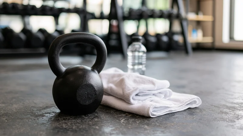 Black kettlebell resting on dark concrete gym floor beside folded white towel and water bottle