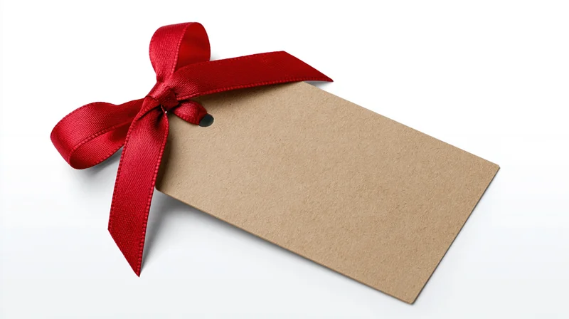 Blank kraft paper gift tag with red satin ribbon bow on white background