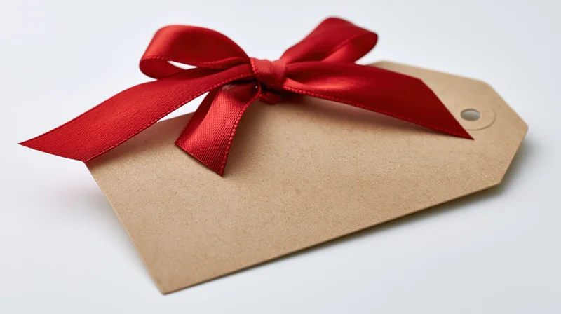Blank kraft paper gift tag with red satin ribbon bow on white background