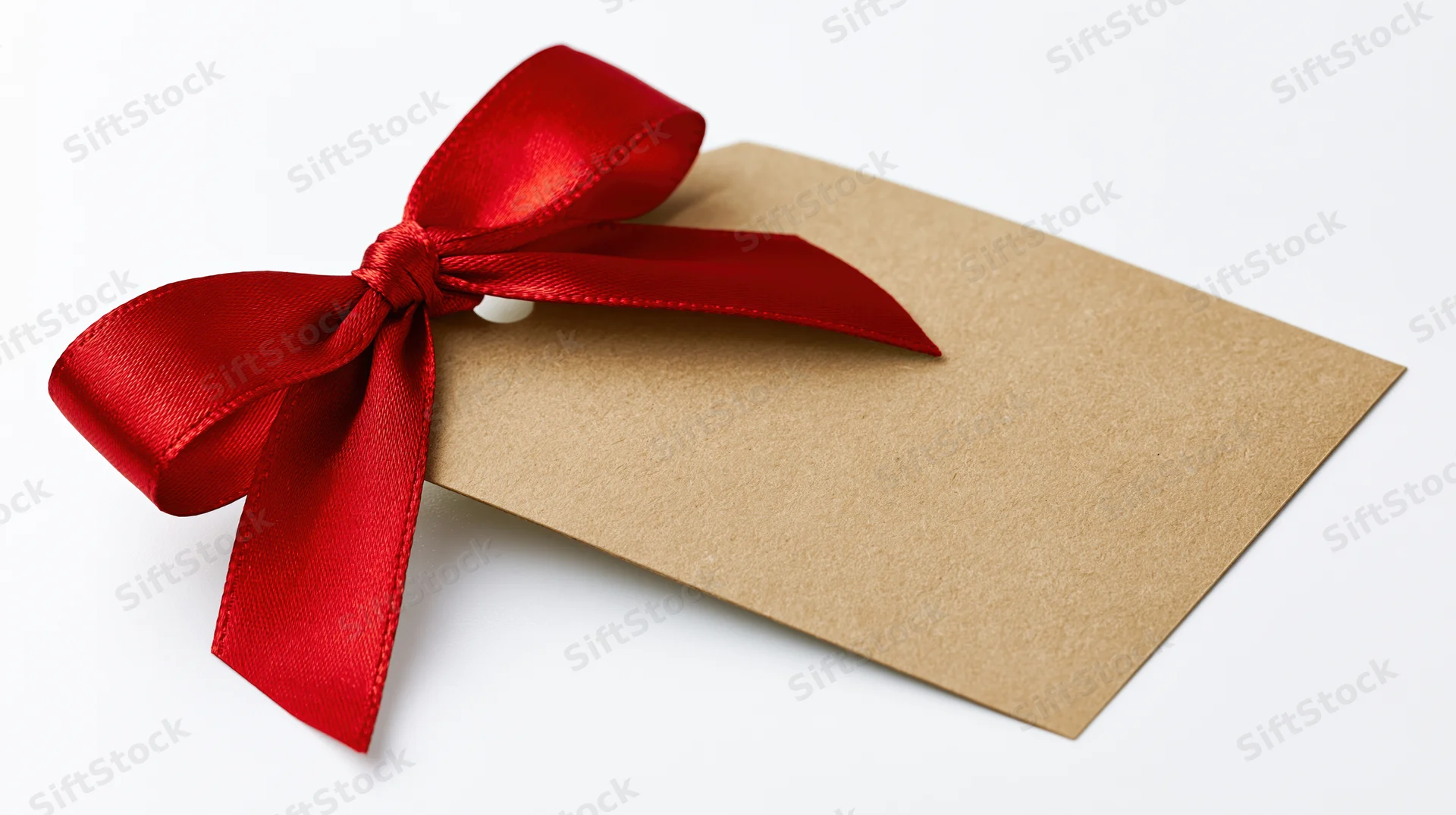 Blank kraft paper gift tag with red satin ribbon bow on white background