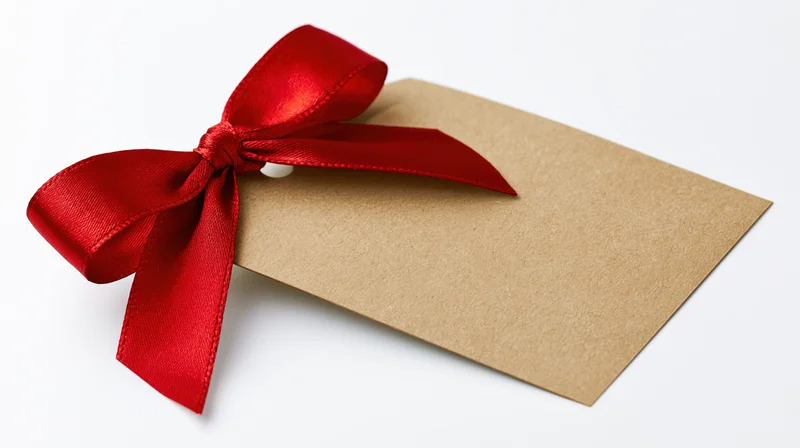 Blank kraft paper gift tag with red satin ribbon bow on white background