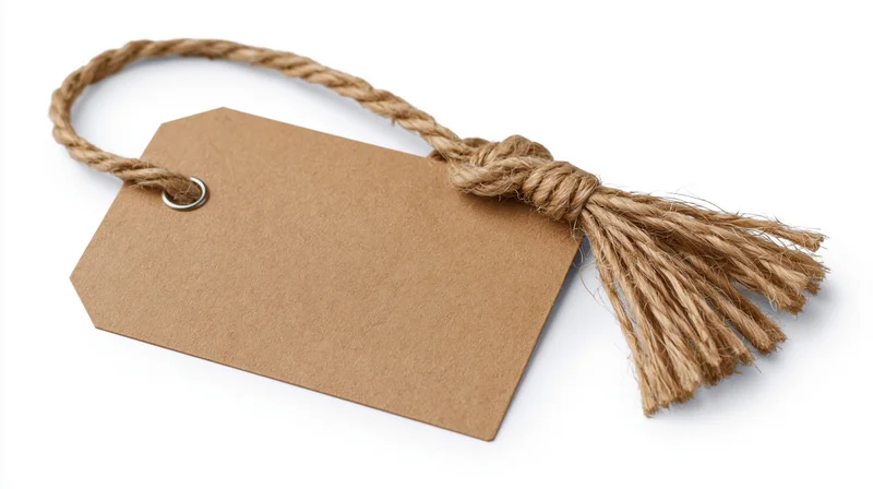 Blank kraft paper tag with jute twine loop and tassel on white background