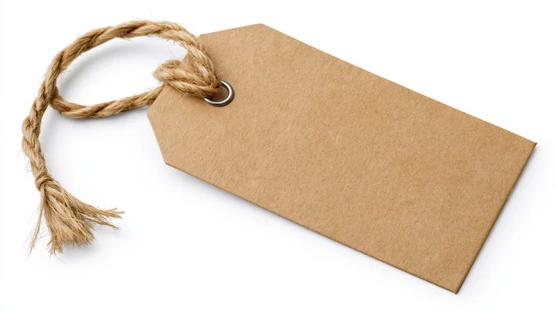 Blank kraft paper tag with twisted jute twine loop on white background