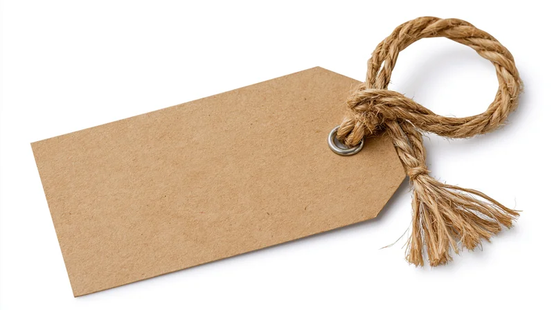 Blank kraft paper tag with twisted jute twine loop on white background