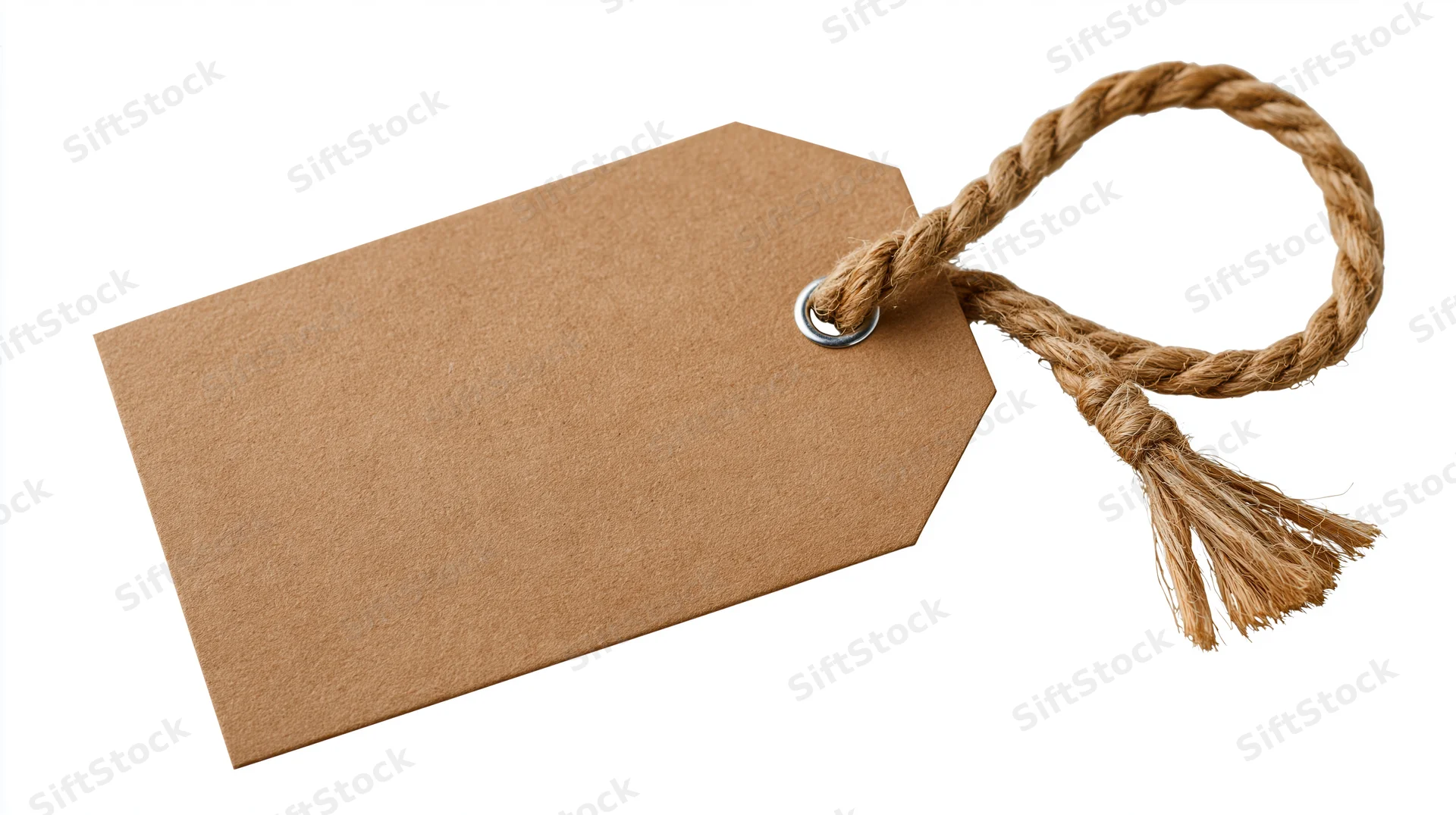 Blank kraft paper tag with twisted jute twine loop on white background