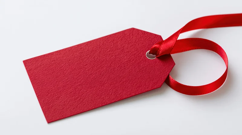Blank red cardstock gift tag with red satin ribbon on white background