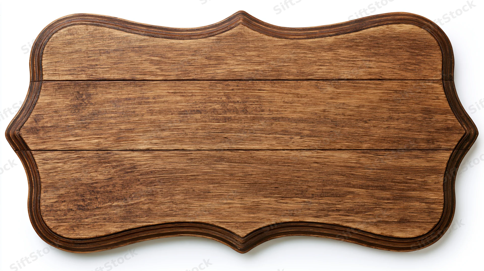 Vintage wooden sign with ornate scalloped border isolated on white background