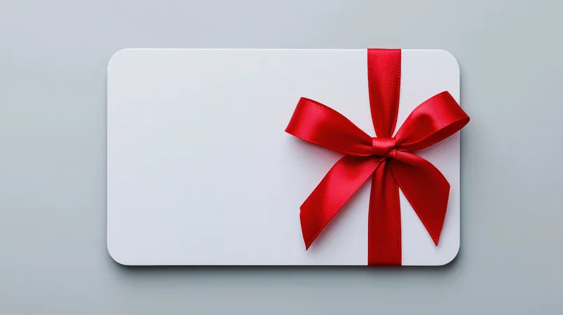 White gift card with red ribbon bow lying flat on gray surface
