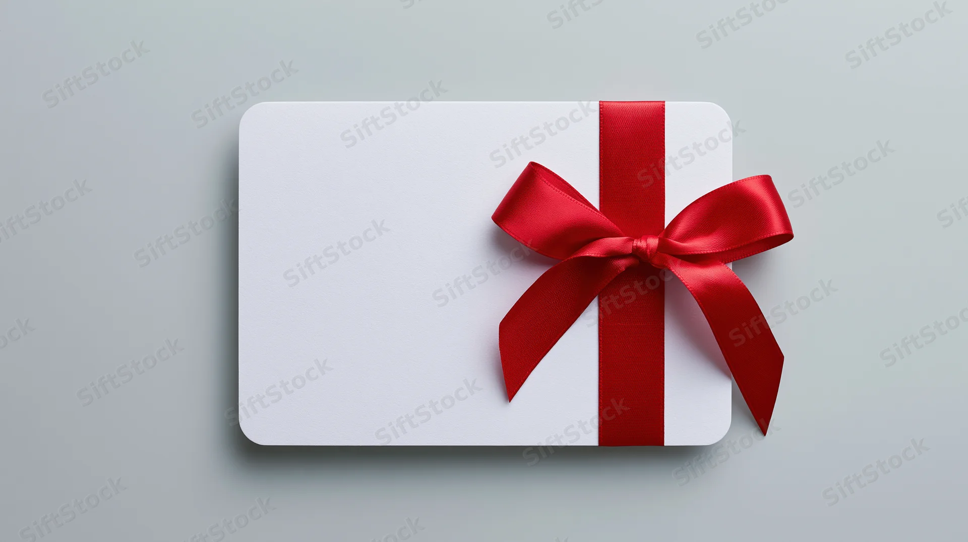 White gift card with red ribbon bow lying flat on gray surface