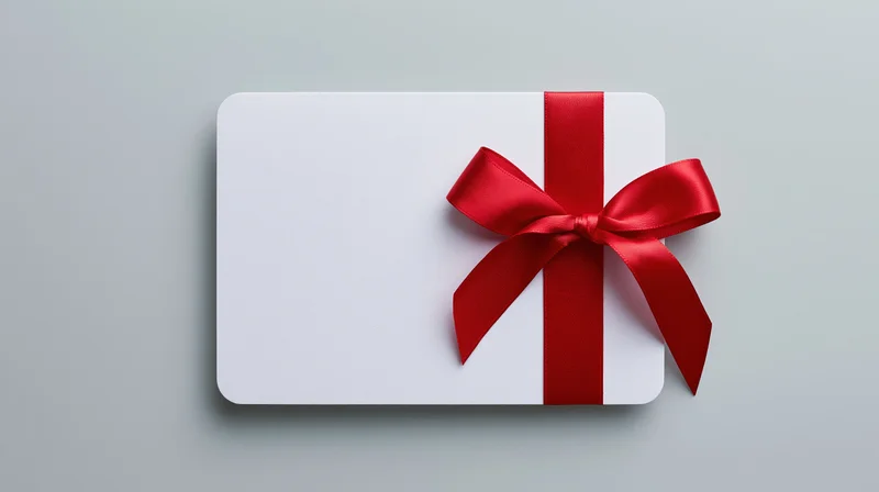 White gift card with red ribbon bow lying flat on gray surface