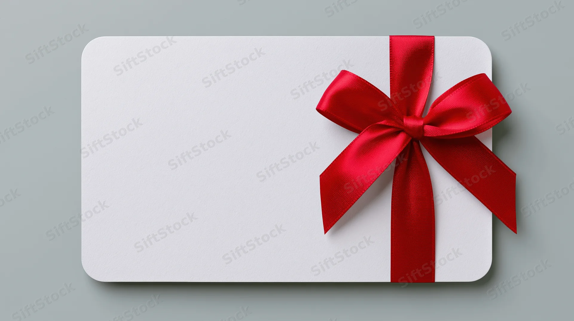 White gift card with red ribbon bow on gray surface