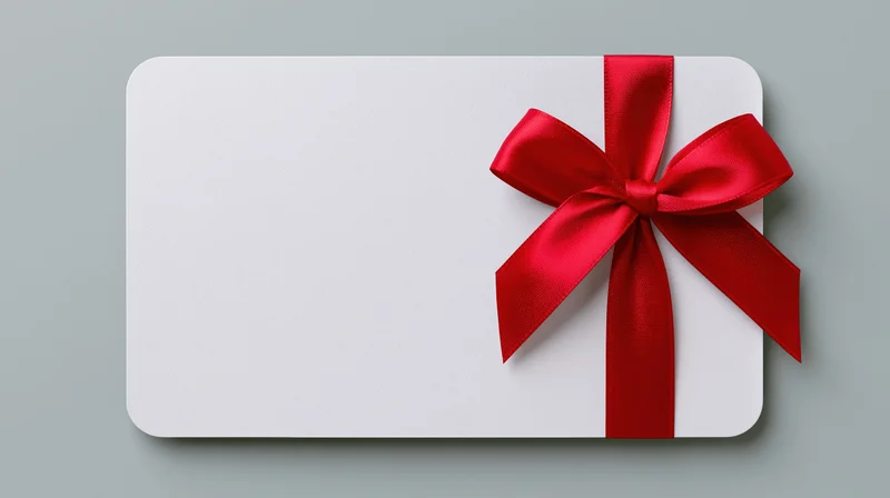 White gift card with red ribbon bow on gray surface