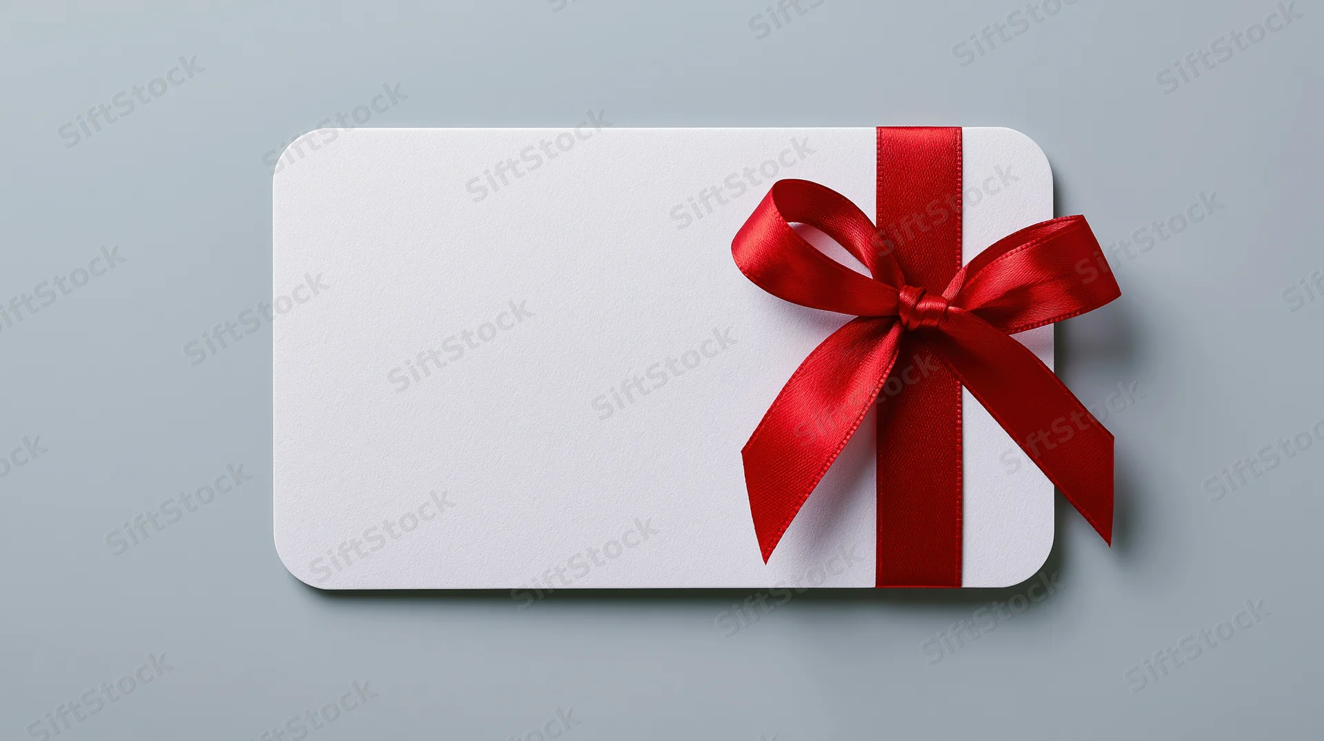 Blank white gift card with red ribbon bow on gray surface
