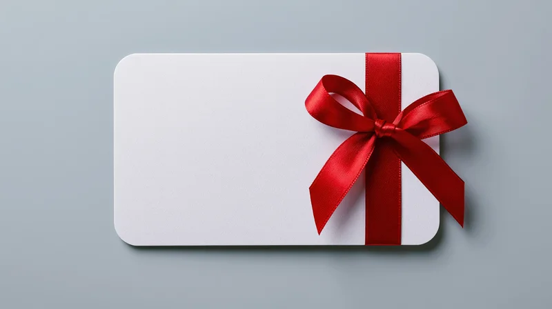 Blank white gift card with red ribbon bow on gray surface