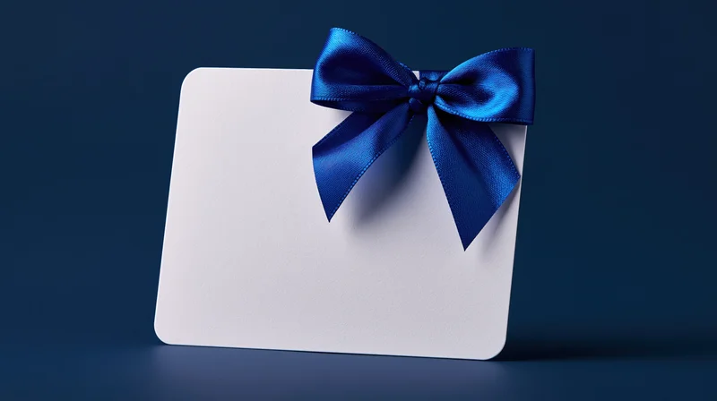 Blank white gift card with blue satin bow standing upright on dark background