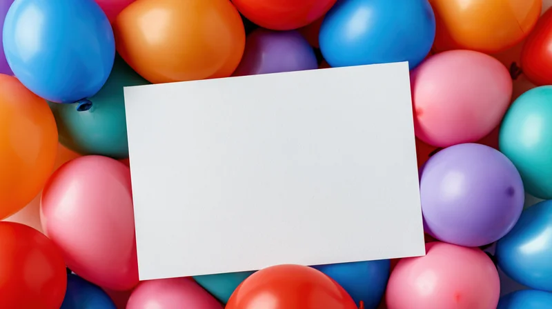 Blank white card surrounded by colorful balloons for party decoration