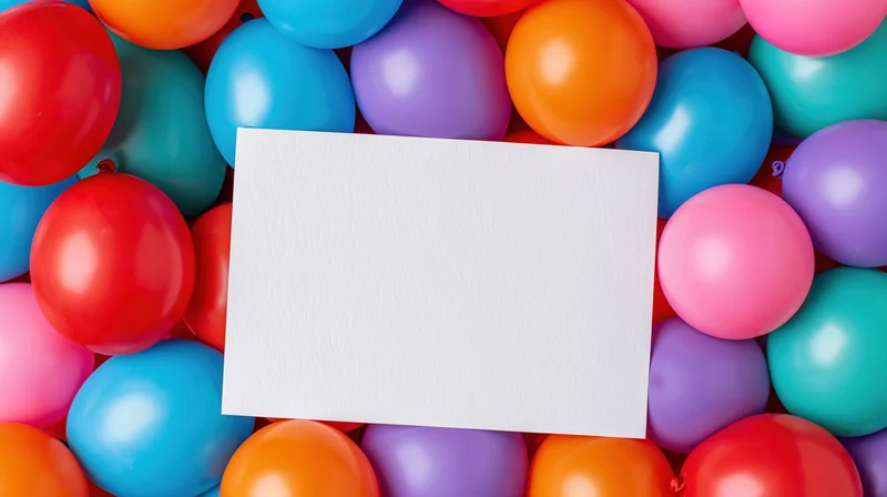 Blank white card surrounded by colorful balloons for party decoration