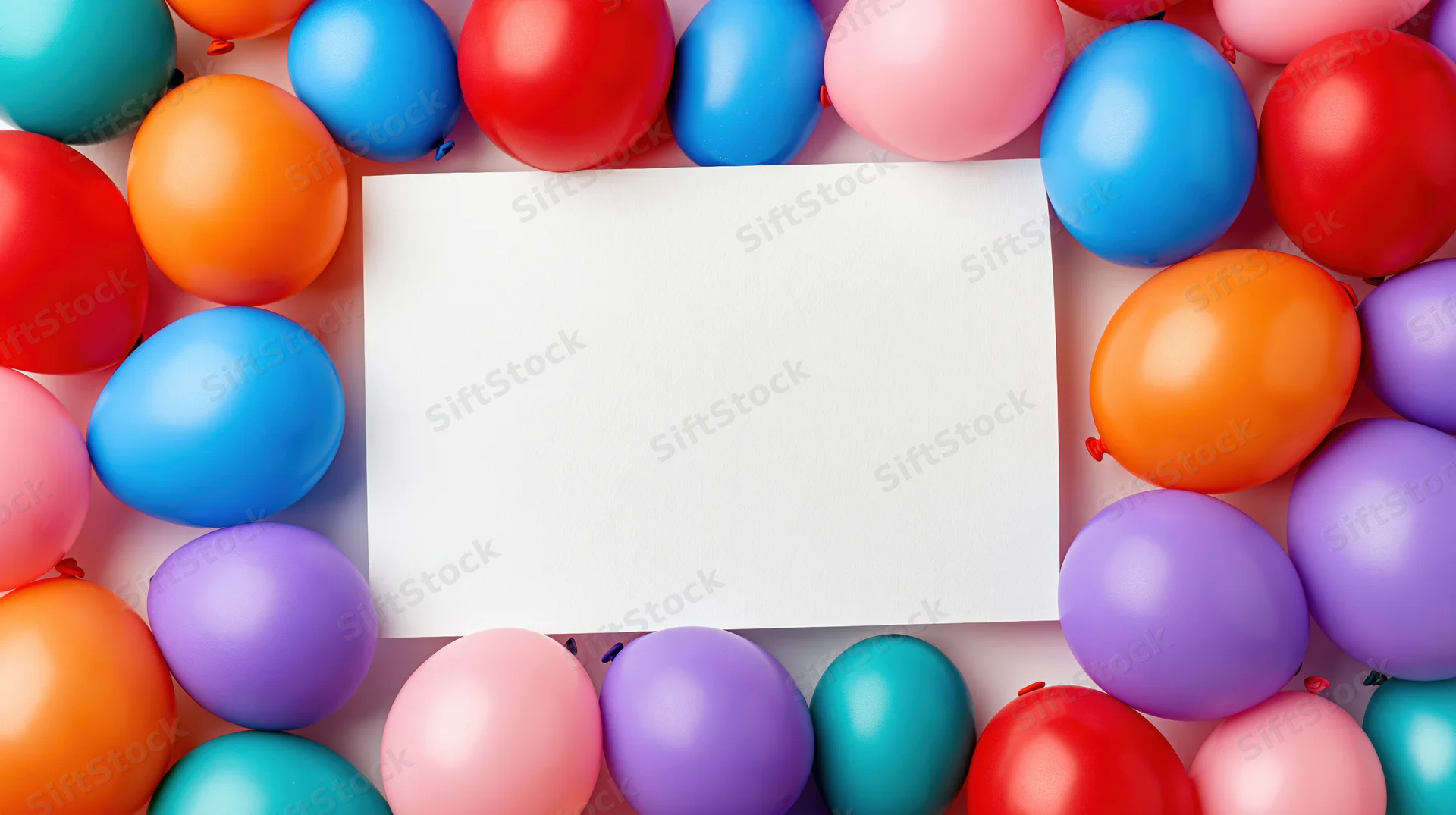 Blank white card surrounded by colorful balloons arranged in a border for party decoration