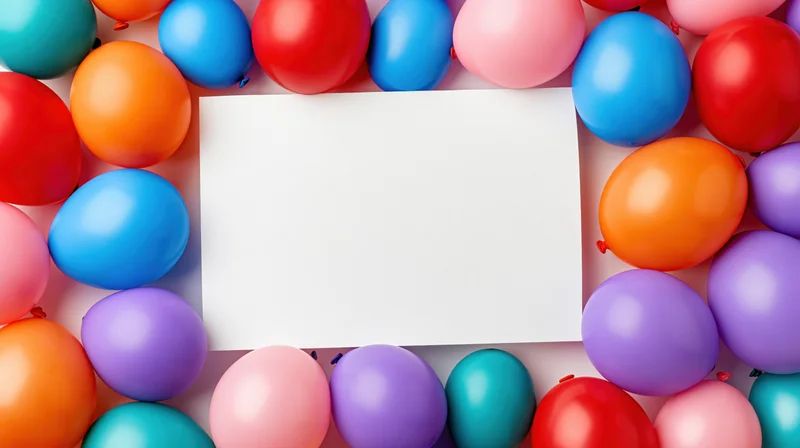 Blank white card surrounded by colorful balloons arranged in a border for party decoration